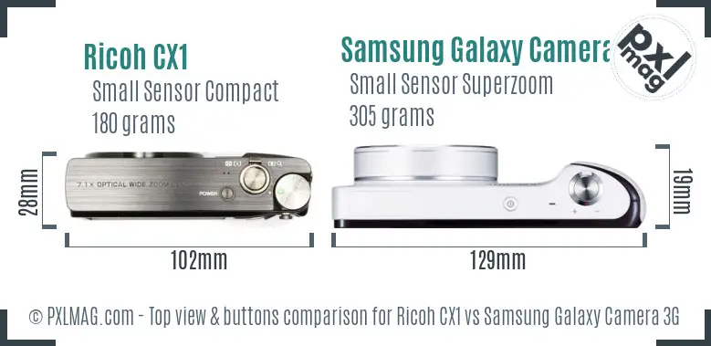 Ricoh CX1 vs Samsung Galaxy Camera 3G top view buttons comparison