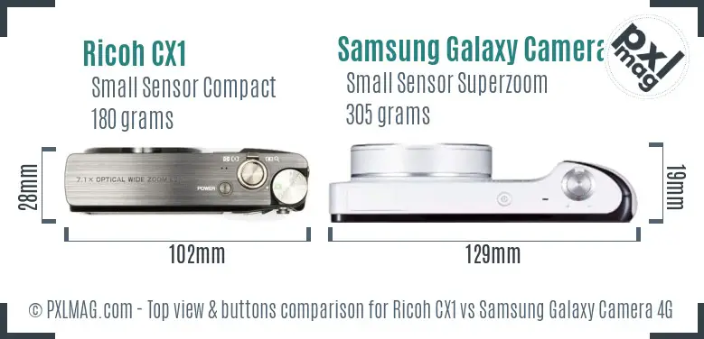 Ricoh CX1 vs Samsung Galaxy Camera 4G top view buttons comparison