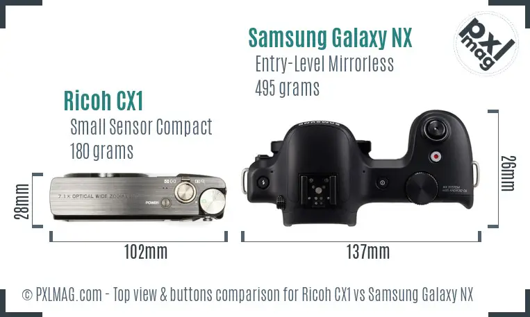 Ricoh CX1 vs Samsung Galaxy NX top view buttons comparison