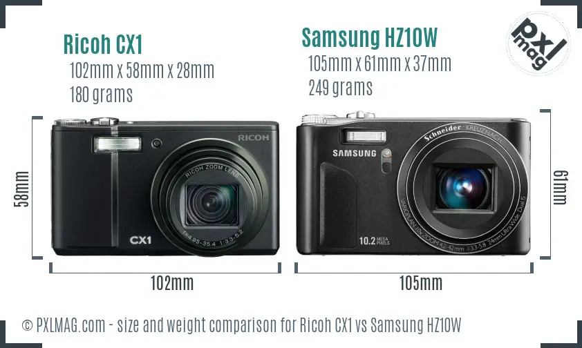 Ricoh CX1 vs Samsung HZ10W size comparison