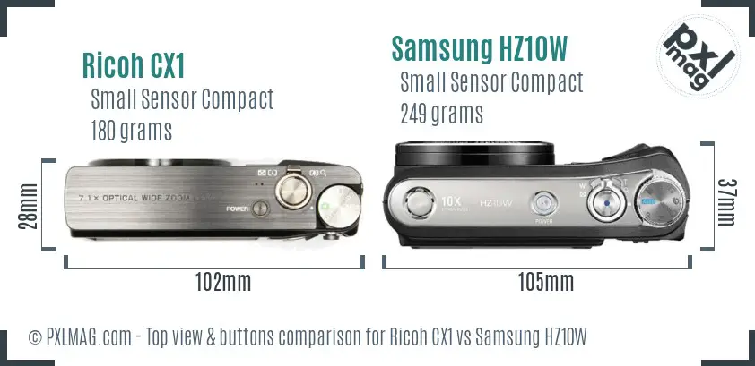 Ricoh CX1 vs Samsung HZ10W top view buttons comparison