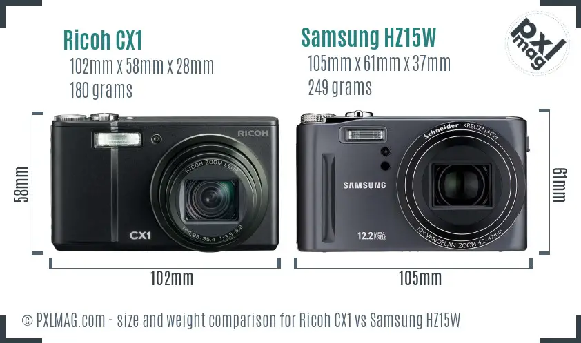 Ricoh CX1 vs Samsung HZ15W size comparison