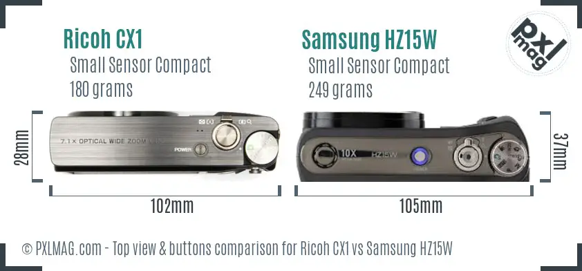 Ricoh CX1 vs Samsung HZ15W top view buttons comparison