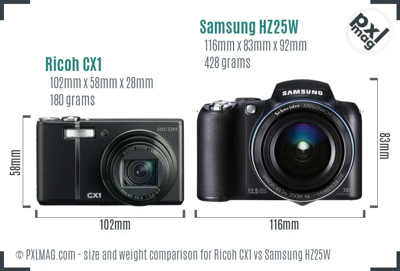 Ricoh CX1 vs Samsung HZ25W size comparison