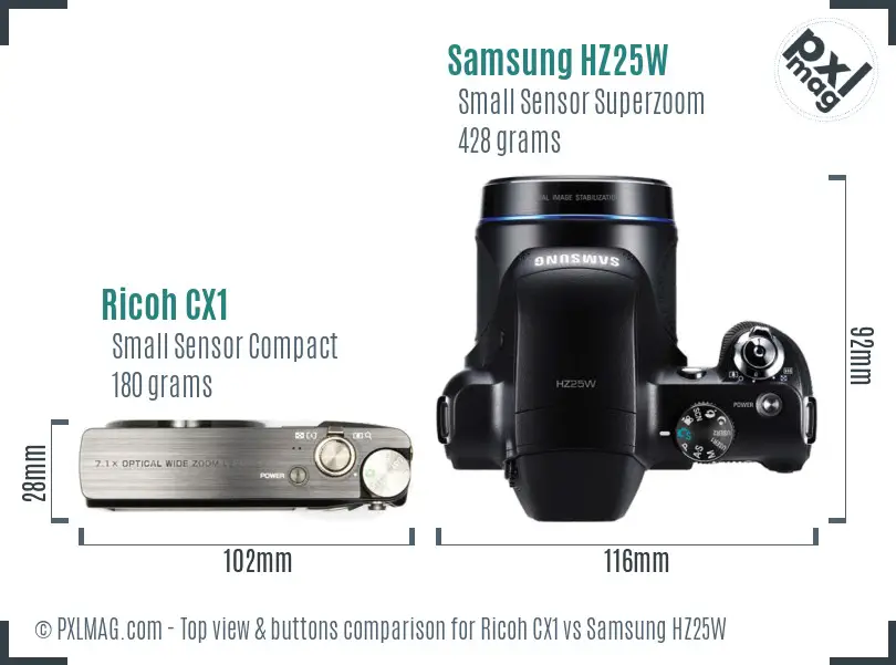 Ricoh CX1 vs Samsung HZ25W top view buttons comparison