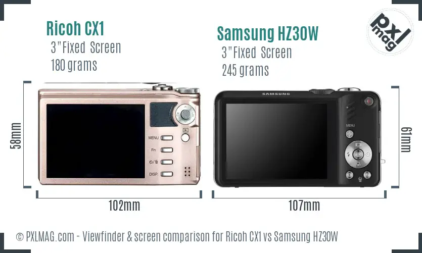 Ricoh CX1 vs Samsung HZ30W Screen and Viewfinder comparison