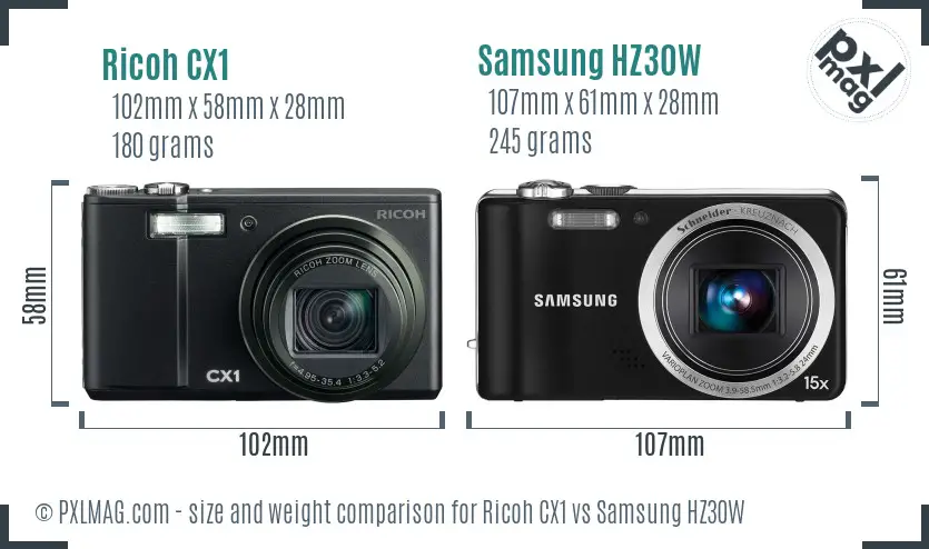 Ricoh CX1 vs Samsung HZ30W size comparison