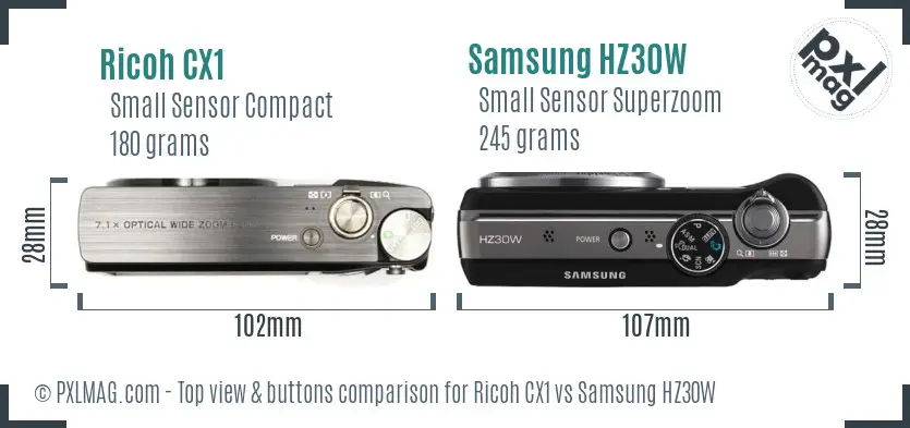 Ricoh CX1 vs Samsung HZ30W top view buttons comparison