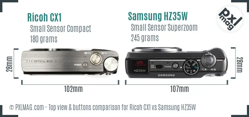 Ricoh CX1 vs Samsung HZ35W top view buttons comparison