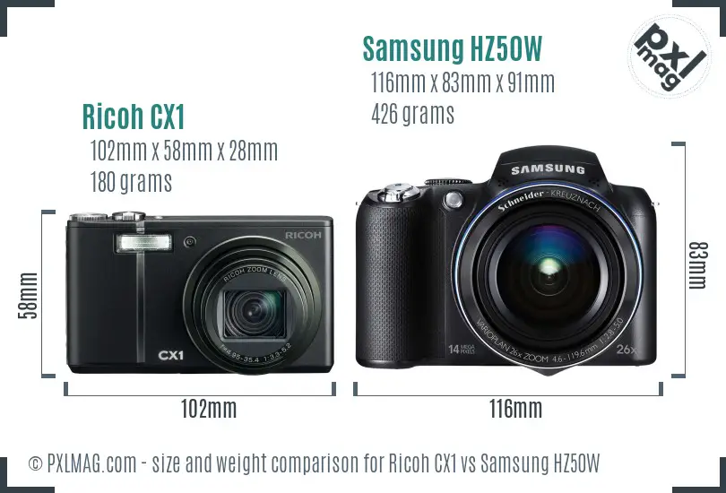 Ricoh CX1 vs Samsung HZ50W size comparison