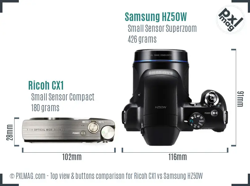 Ricoh CX1 vs Samsung HZ50W top view buttons comparison