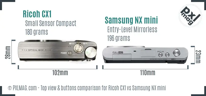 Ricoh CX1 vs Samsung NX mini top view buttons comparison