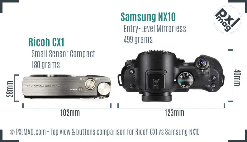 Ricoh CX1 vs Samsung NX10 top view buttons comparison