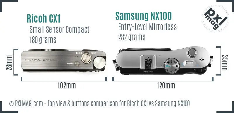 Ricoh CX1 vs Samsung NX100 top view buttons comparison
