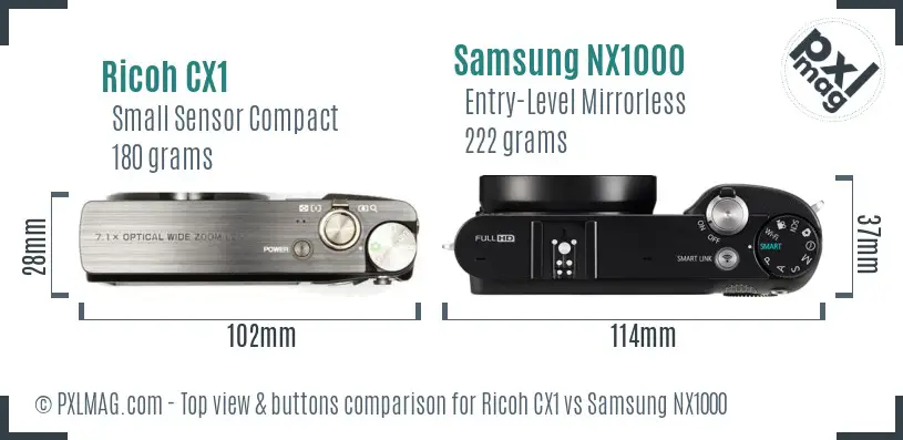 Ricoh CX1 vs Samsung NX1000 top view buttons comparison