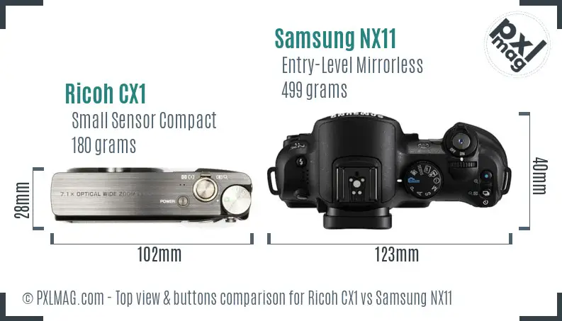 Ricoh CX1 vs Samsung NX11 top view buttons comparison