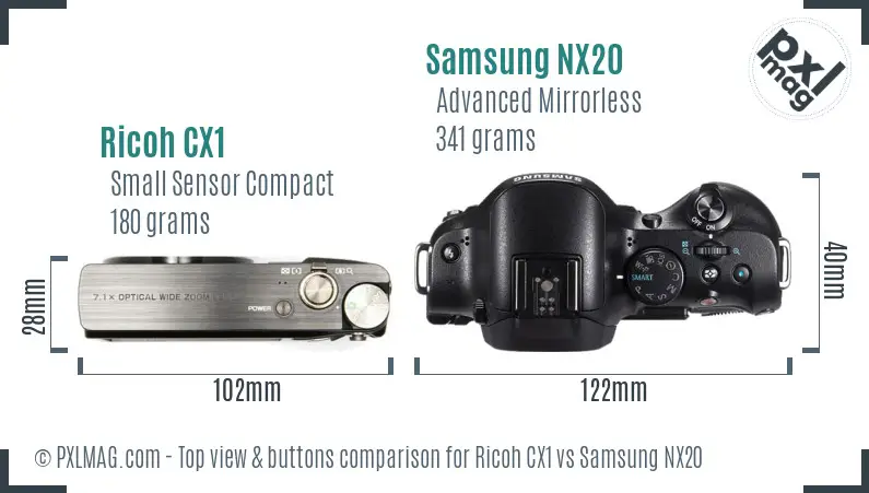 Ricoh CX1 vs Samsung NX20 top view buttons comparison