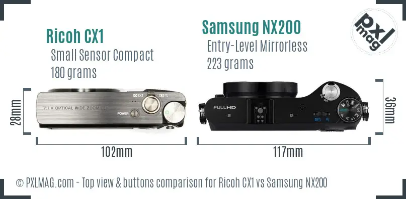 Ricoh CX1 vs Samsung NX200 top view buttons comparison