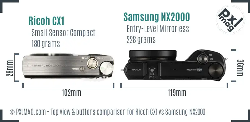 Ricoh CX1 vs Samsung NX2000 top view buttons comparison