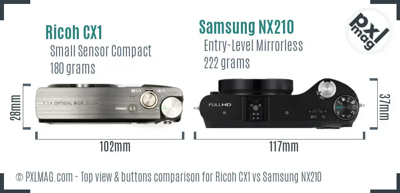 Ricoh CX1 vs Samsung NX210 top view buttons comparison