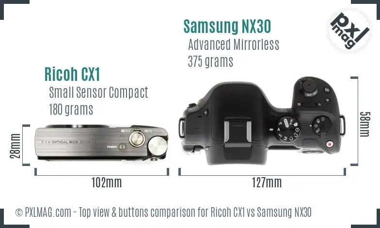 Ricoh CX1 vs Samsung NX30 top view buttons comparison