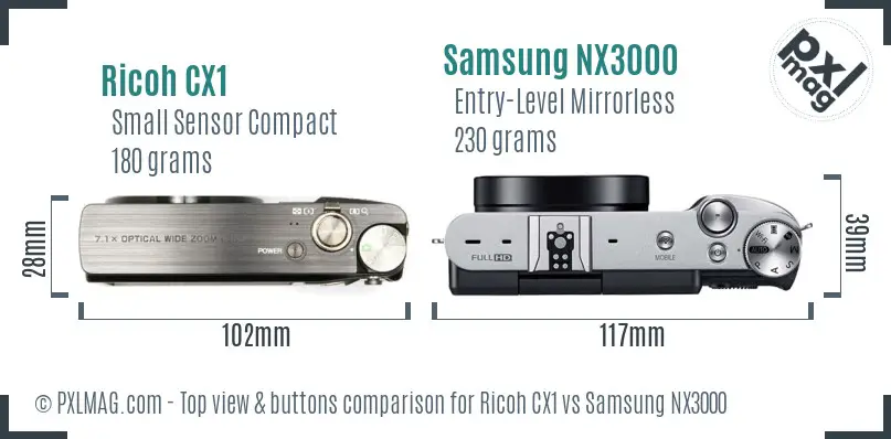 Ricoh CX1 vs Samsung NX3000 top view buttons comparison