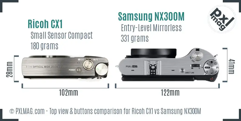 Ricoh CX1 vs Samsung NX300M top view buttons comparison