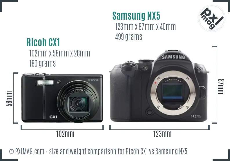 Ricoh CX1 vs Samsung NX5 size comparison
