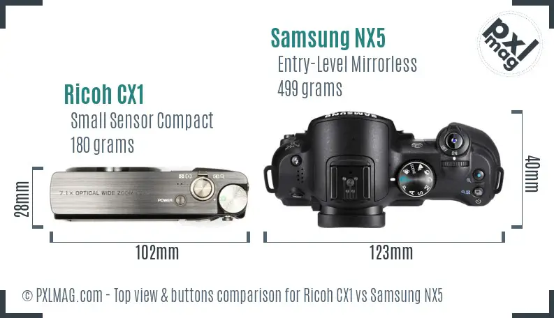 Ricoh CX1 vs Samsung NX5 top view buttons comparison