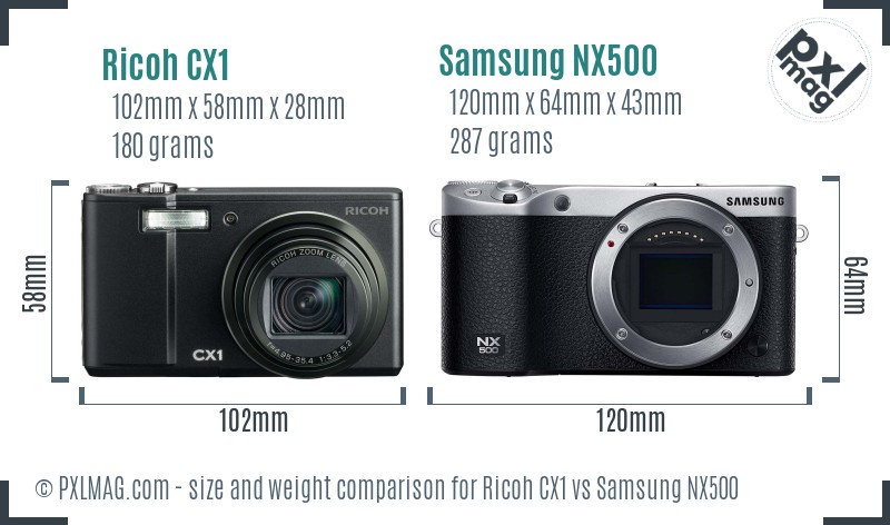 Ricoh CX1 vs Samsung NX500 size comparison