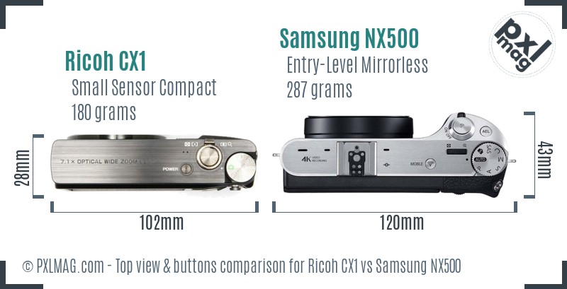 Ricoh CX1 vs Samsung NX500 top view buttons comparison