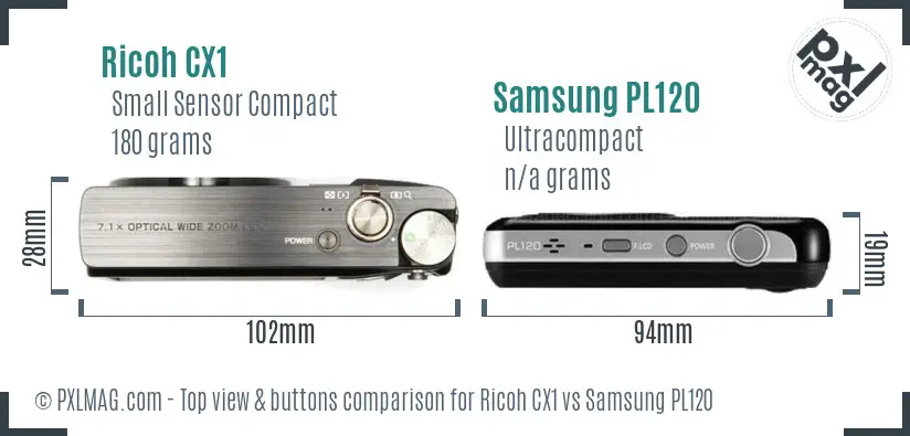 Ricoh CX1 vs Samsung PL120 top view buttons comparison