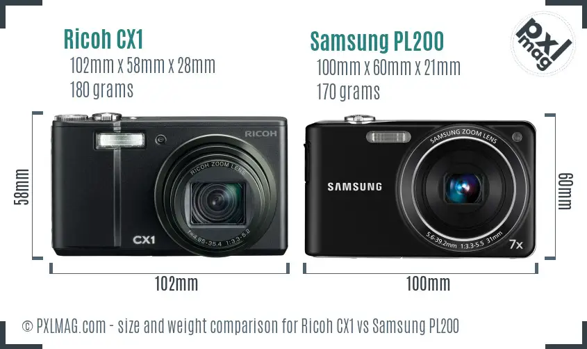 Ricoh CX1 vs Samsung PL200 size comparison