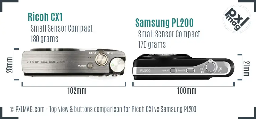 Ricoh CX1 vs Samsung PL200 top view buttons comparison