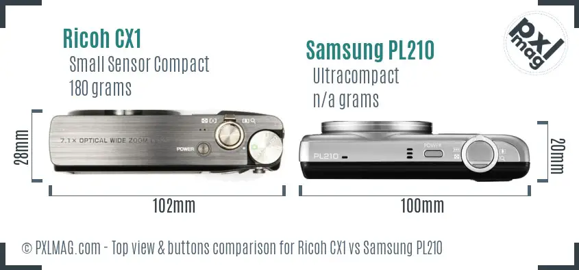 Ricoh CX1 vs Samsung PL210 top view buttons comparison