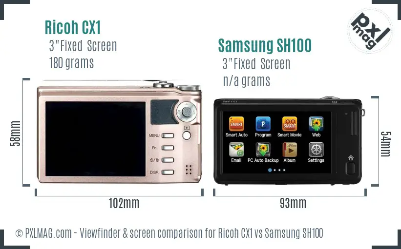 Ricoh CX1 vs Samsung SH100 Screen and Viewfinder comparison