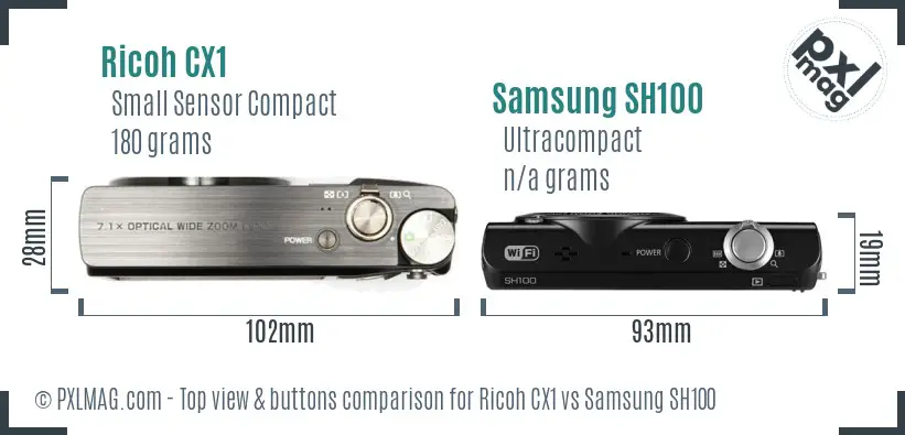 Ricoh CX1 vs Samsung SH100 top view buttons comparison