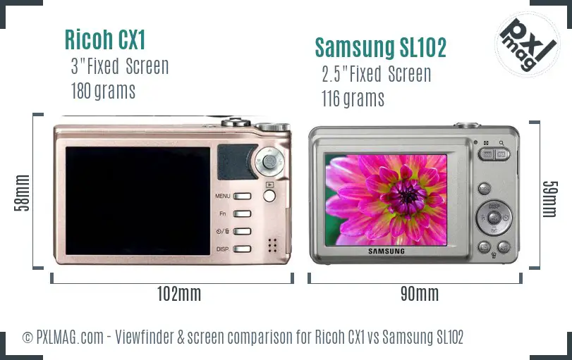 Ricoh CX1 vs Samsung SL102 Screen and Viewfinder comparison