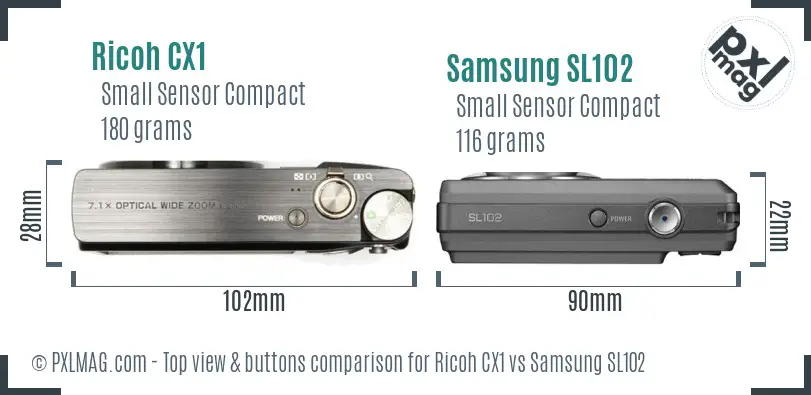 Ricoh CX1 vs Samsung SL102 top view buttons comparison