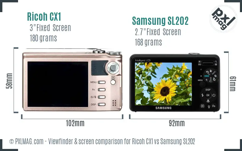 Ricoh CX1 vs Samsung SL202 Screen and Viewfinder comparison