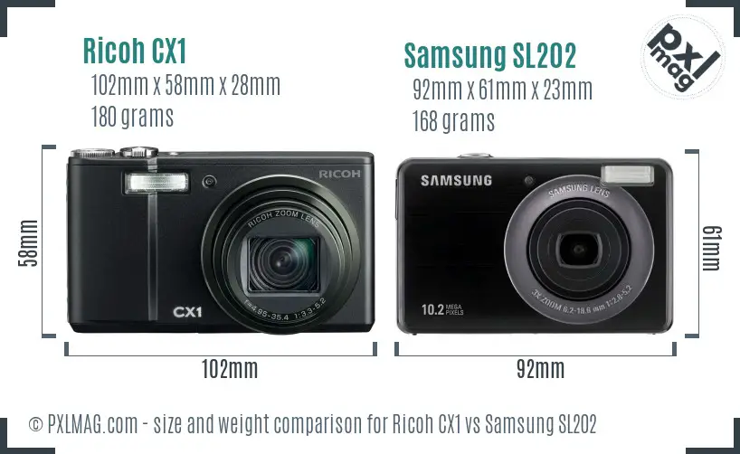 Ricoh CX1 vs Samsung SL202 size comparison