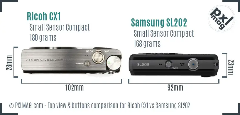 Ricoh CX1 vs Samsung SL202 top view buttons comparison