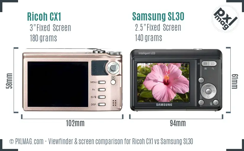 Ricoh CX1 vs Samsung SL30 Screen and Viewfinder comparison
