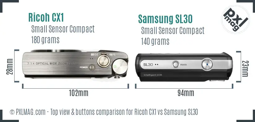 Ricoh CX1 vs Samsung SL30 top view buttons comparison