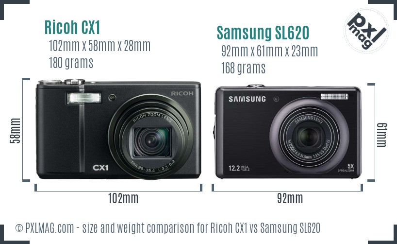 Ricoh CX1 vs Samsung SL620 size comparison