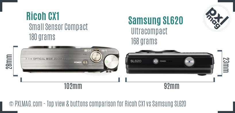 Ricoh CX1 vs Samsung SL620 top view buttons comparison