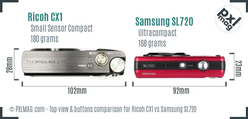 Ricoh CX1 vs Samsung SL720 top view buttons comparison