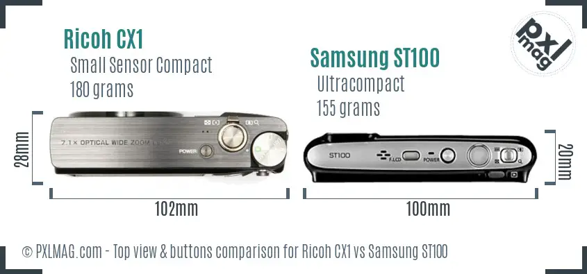 Ricoh CX1 vs Samsung ST100 top view buttons comparison