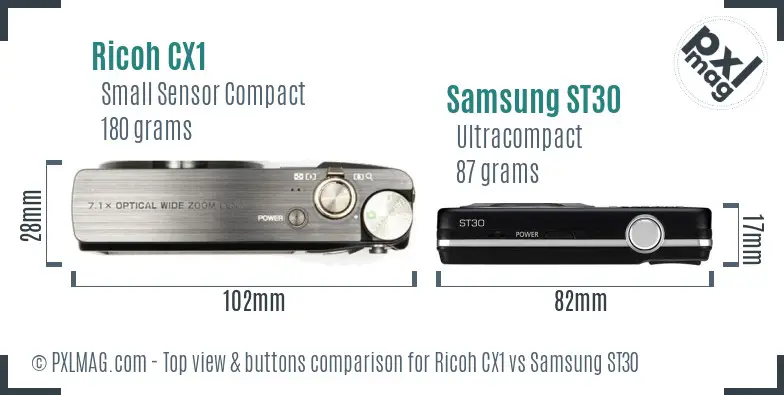 Ricoh CX1 vs Samsung ST30 top view buttons comparison