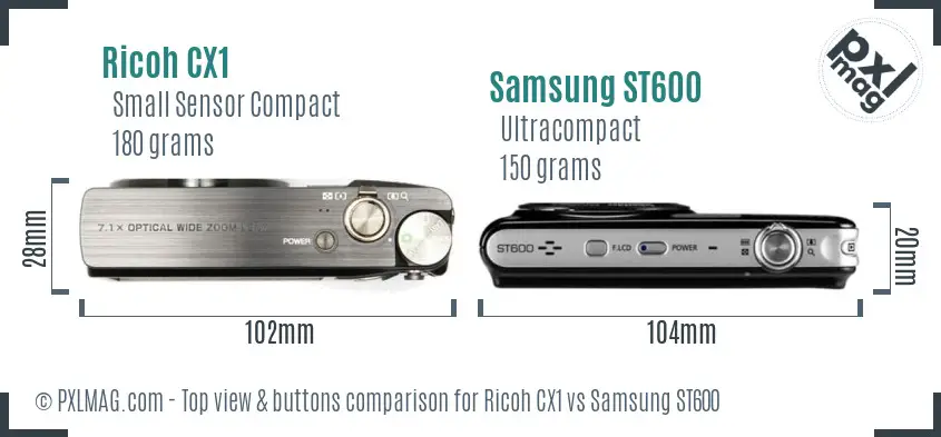 Ricoh CX1 vs Samsung ST600 top view buttons comparison
